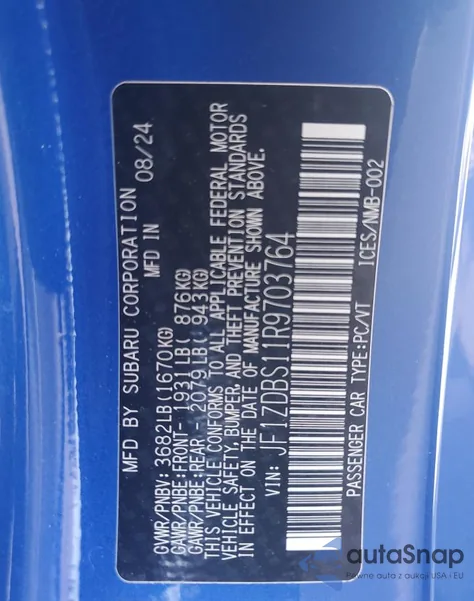 2024 Subaru Brz Ts из США, поврежденный, VIN JF1ZDBS11R9703764